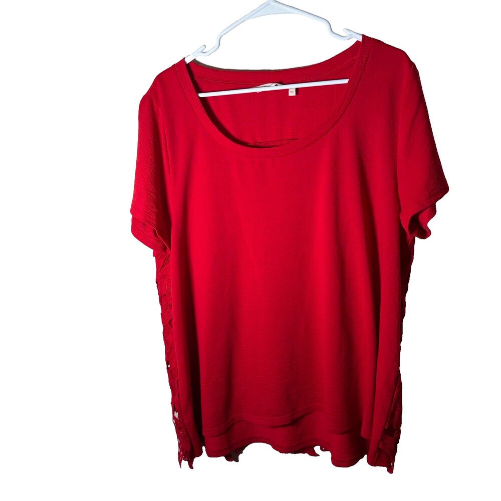 Soft Surroundings Blouse Women's 1X Round Neck Lace Floral Short Sleeve Top